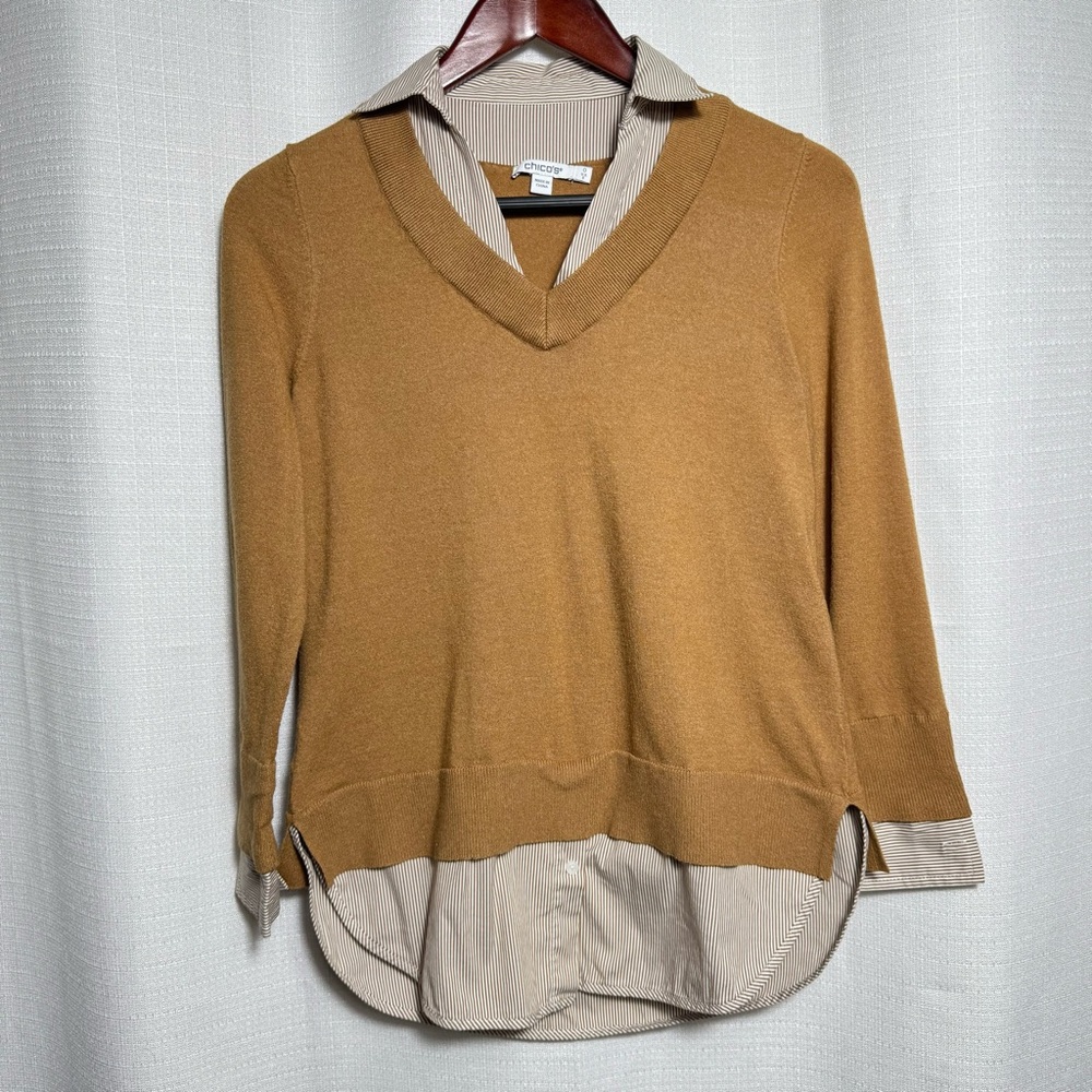 Chico's Layered V-Neck Sweater in Camel and Beige